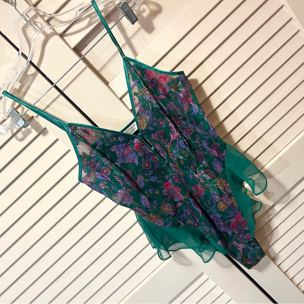 Vintage Victoria Secret Gold Label Green Floral Teddy Bodysuit Size Medium